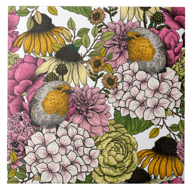 Robins in the garden ceramic tile (Front)