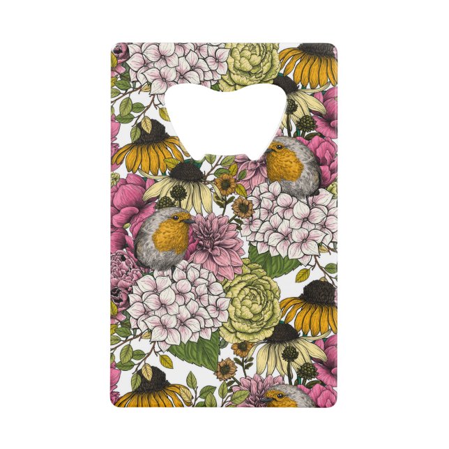 Robins in the garden credit card bottle opener (Front)