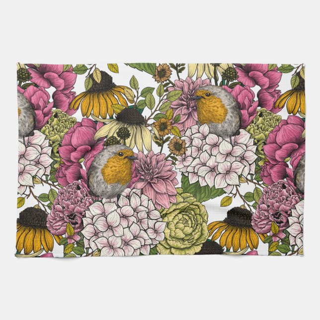 Robins in the garden kitchen towel (Horizontal)