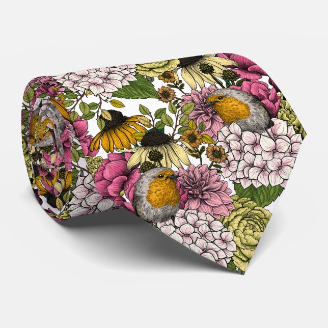 Robins in the garden neck tie (Rolled)