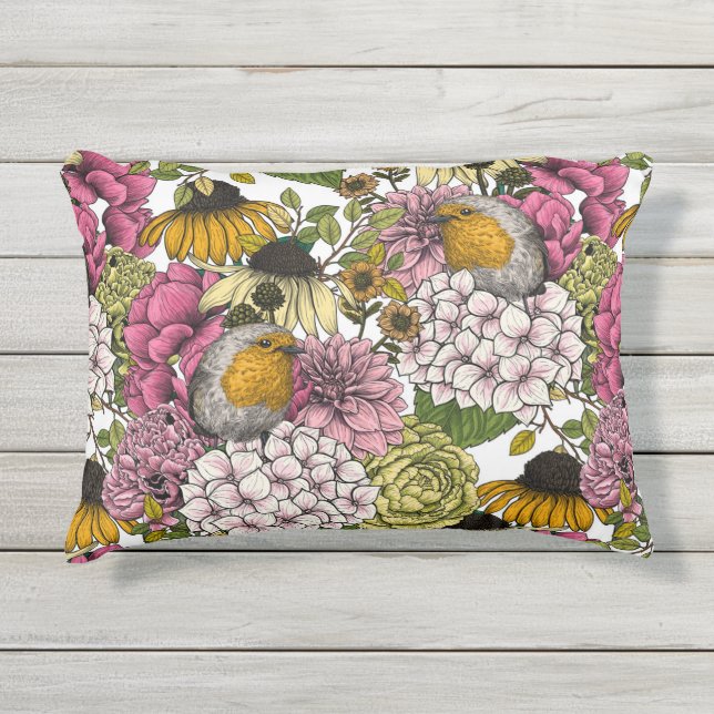 Robins in the garden outdoor pillow (Front)