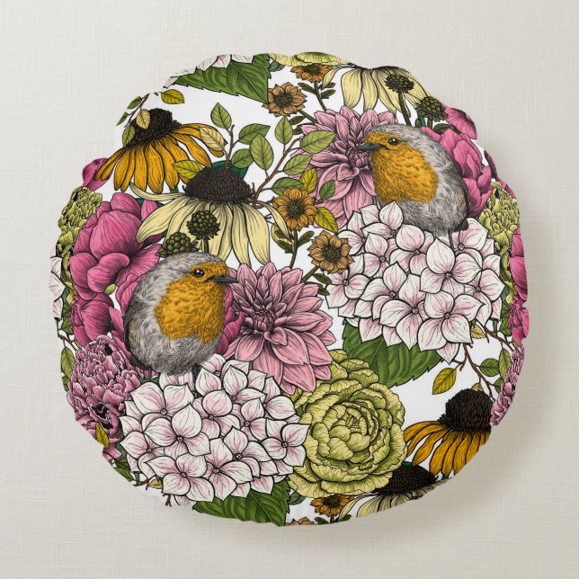 Robins in the garden round pillow (Front)