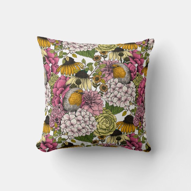 Robins in the garden throw pillow (Front)