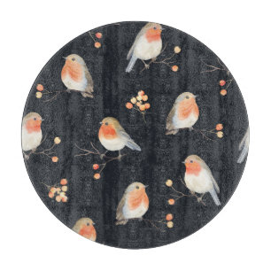 Robins, rowan berries, winter watercolor pattern. cutting board