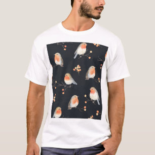 Robins, rowan berries, winter watercolor pattern. T-Shirt