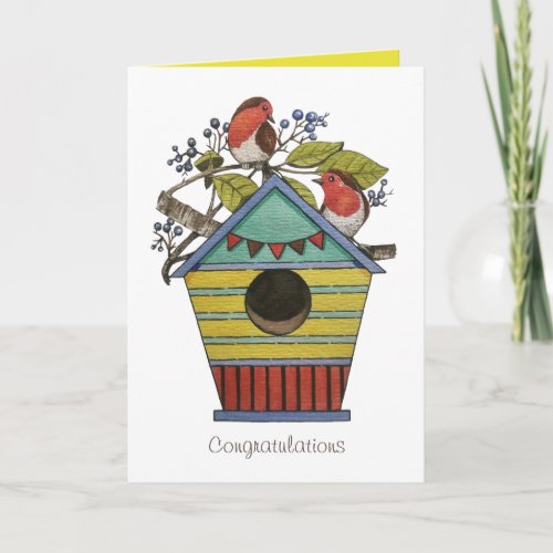 Robins With Blueberries And Birdhouse Art Card