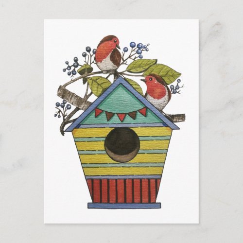 Robins With Blueberries And Birdhouse Art Postcard