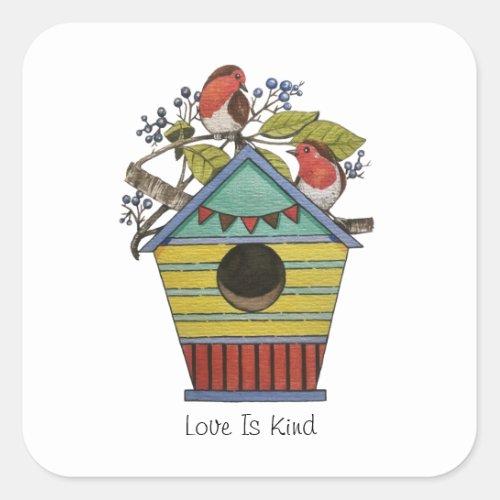 Robins With Blueberries And Birdhouse Art Square Sticker