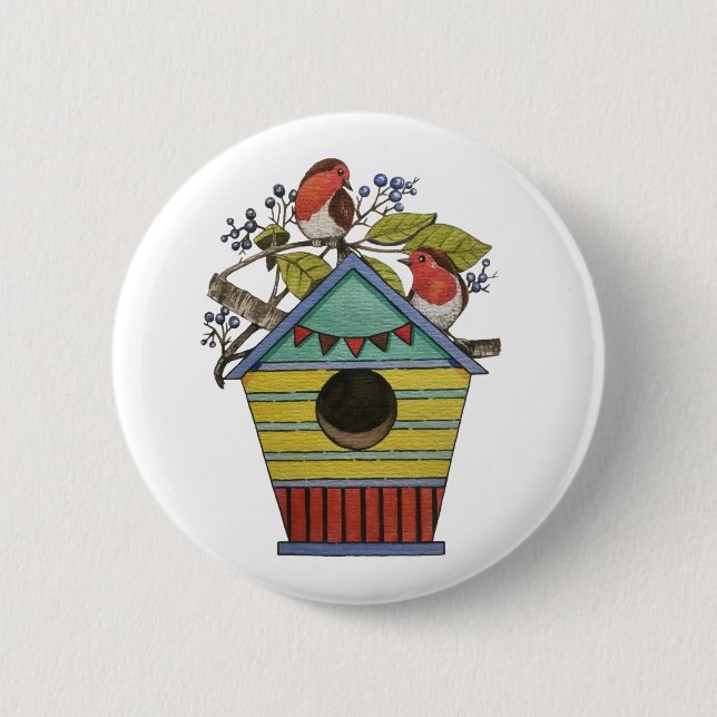 Robins With Blueberries And Birdhouse Button (Front)