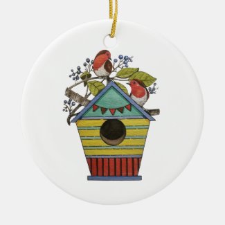 Robins With Blueberries And Birdhouse Ceramic Ornament