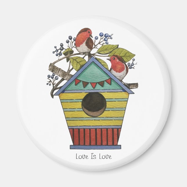 Robins With Blueberries And Birdhouse Magnet (Front)