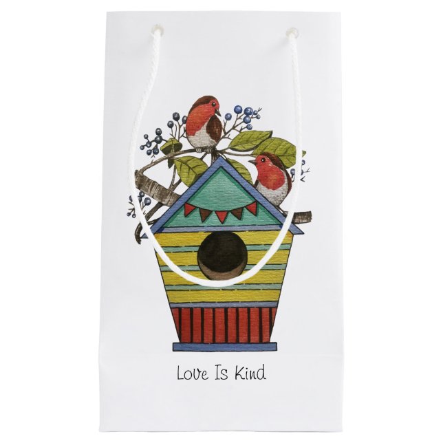 Robins With Blueberries And Birdhouse Small Gift Bag (Front)