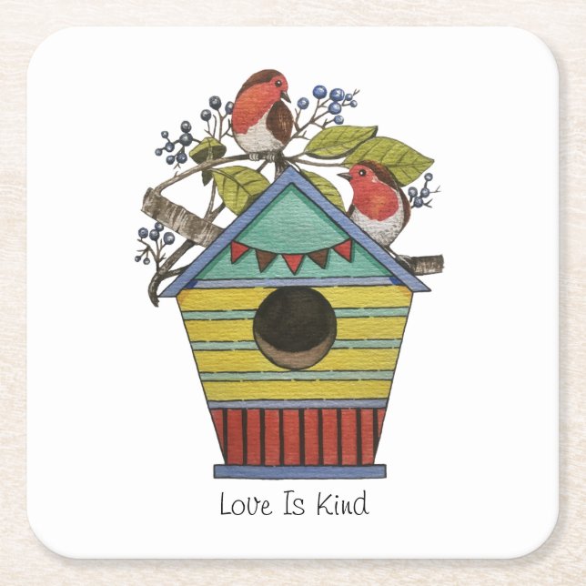 Robins With Blueberries And Birdhouse Square Paper Coaster (Front)