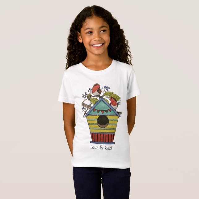 Robins With Blueberries And Birdhouse T-Shirt (Front Full)