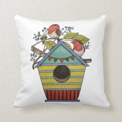 Robins With Blueberries And Birdhouse Throw Pillow