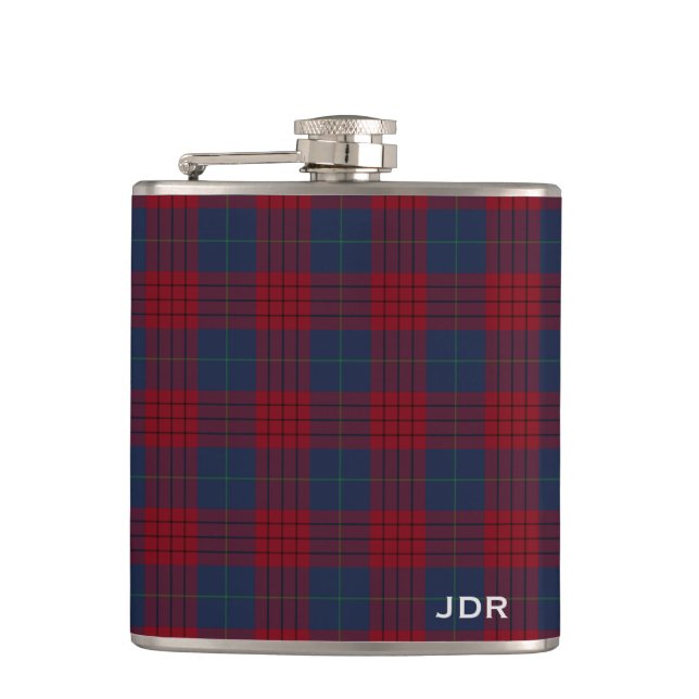 Robinson Tartan Monogram Navy Blue and Red Plaid Flask (Front)