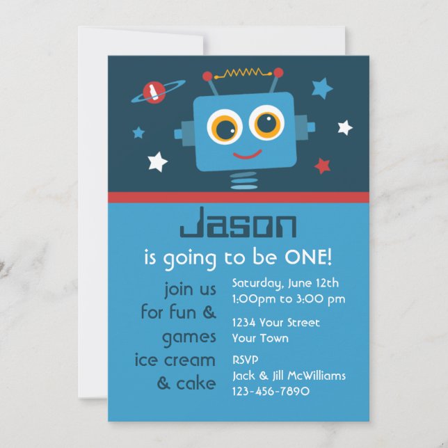 Robot 1st Birthday Custom Invitations (Front)