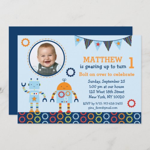 Robot 1st Birthday Invitation