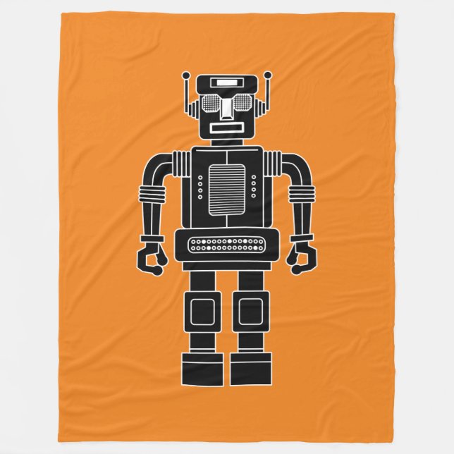 Robot 270620/04 - Black and White on Orange Fleece Blanket (Front)