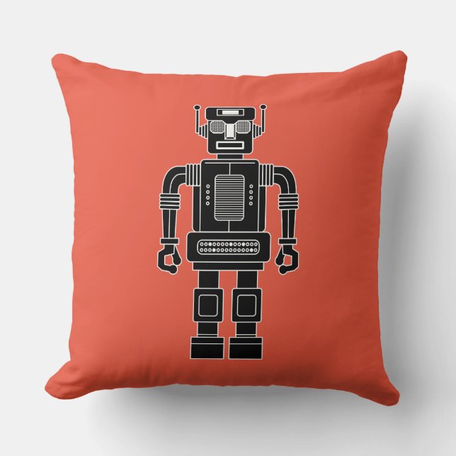 Robot 270620/04 - Black and White on Orange Red Throw Pillow (Front)