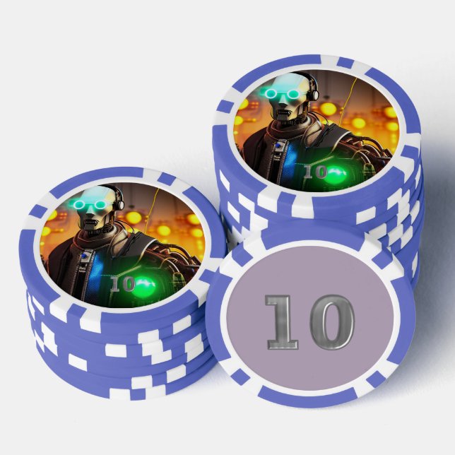 Robot 2 blue 10 striped poker chip (Stack)