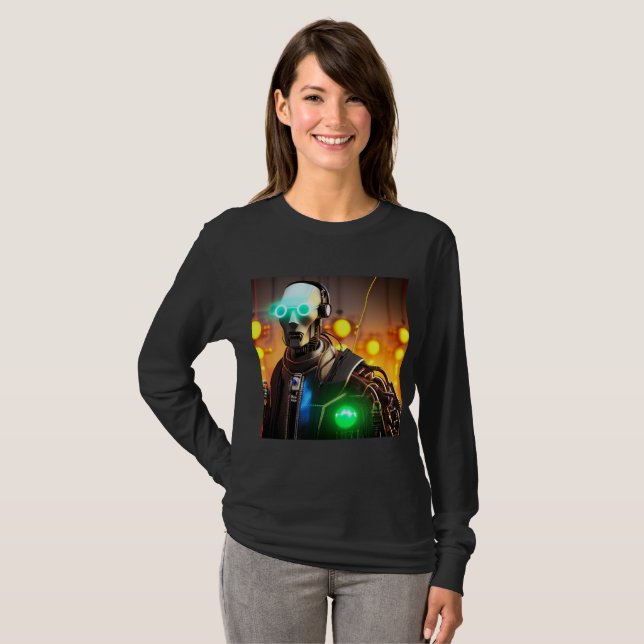  Robot 2 women black long sleeve T-shirt (Front Full)