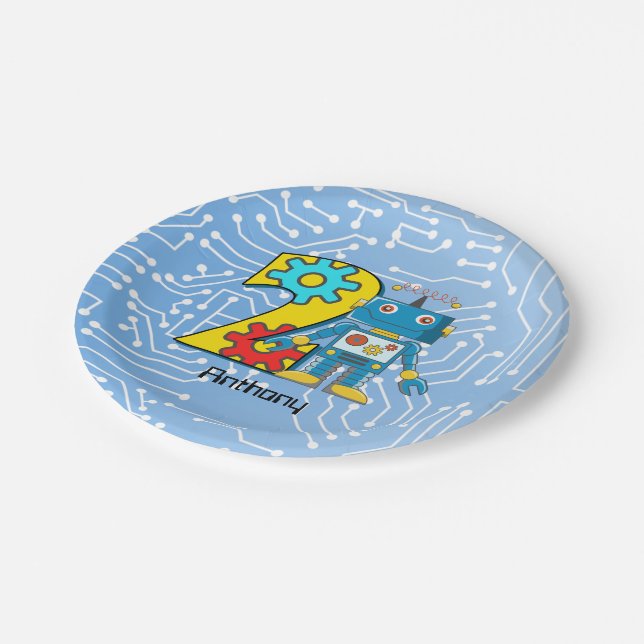 Robot 2nd Birthday Custom Paper Plates (Angled)