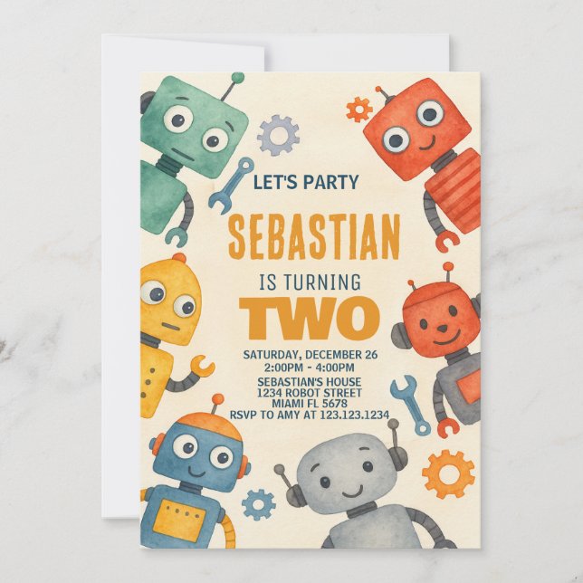 Robot 2nd Birthday Invitation (Front)