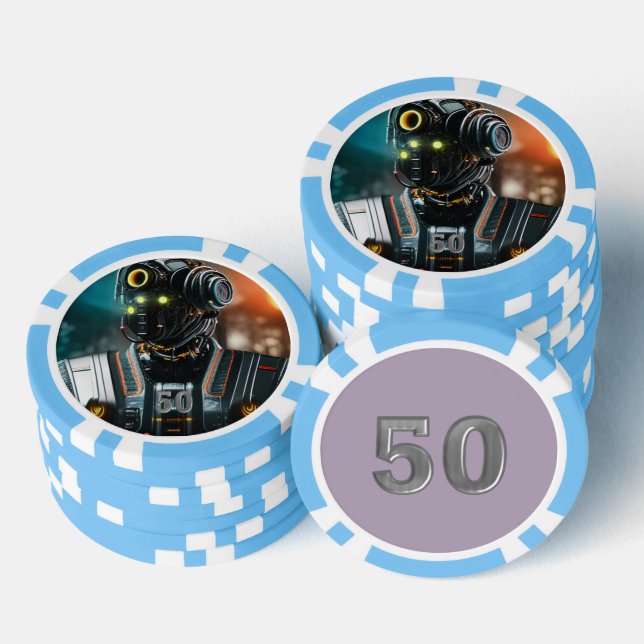 Robot 3 light blue 50 striped poker chip (Stack)