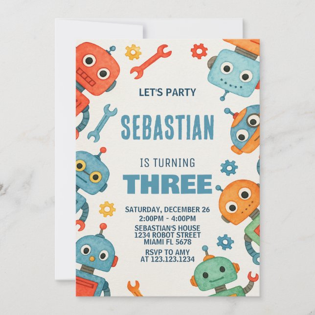 Robot 3rd Birthday Invitation (Front)