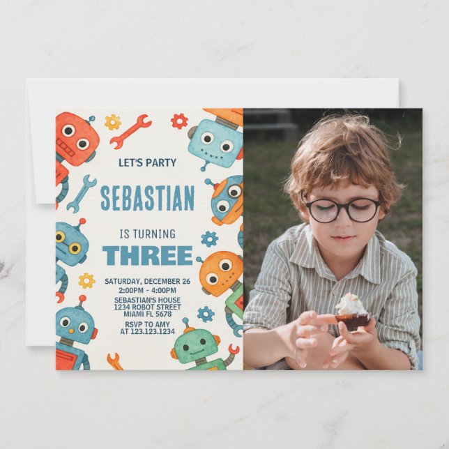 Robot 3rd Birthday Invitation with photo (Front)
