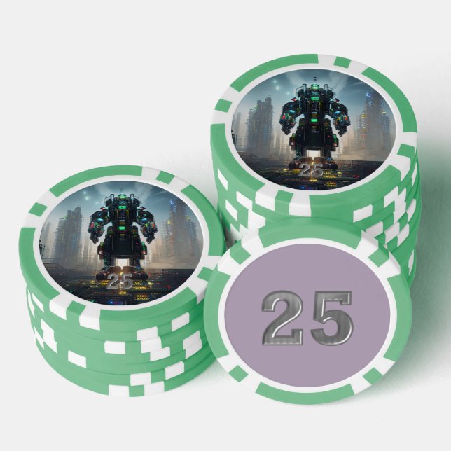 Robot 4 green 25 striped poker chip (Stack)