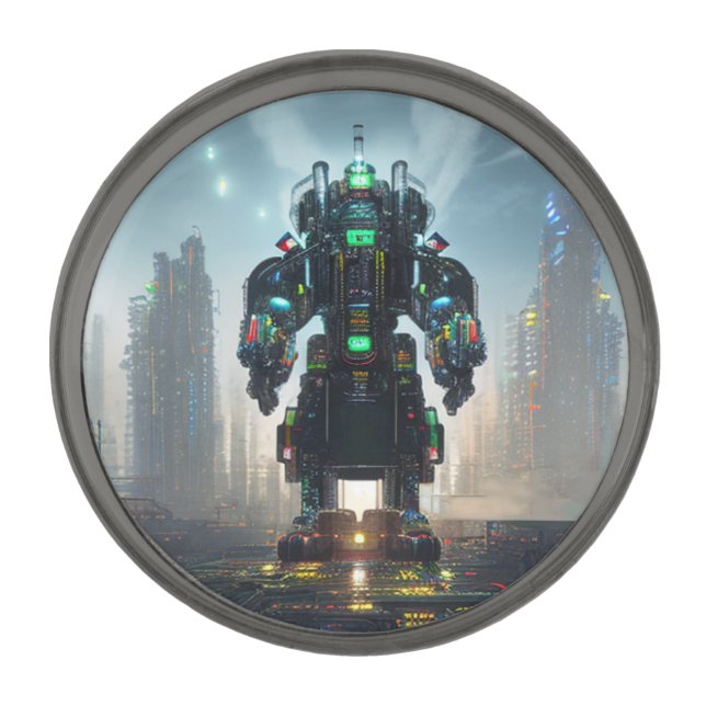 Robot 4 gunmetal round lapel pin (Front)