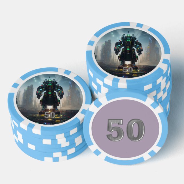 Robot 4 light blue 50 striped poker chip (Stack)