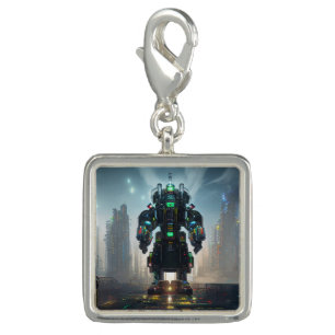 Robot 4 silver square charm