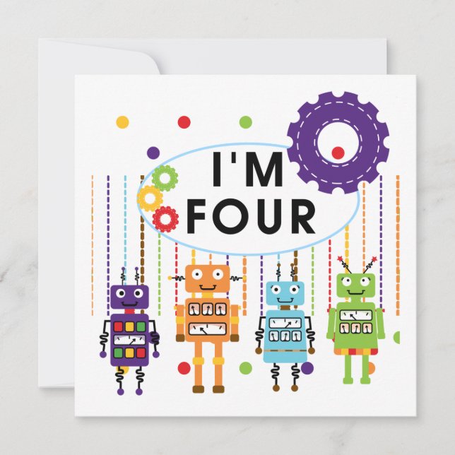Robot 4th Birthday Tshirts and Gifts Card (Front)