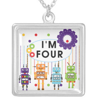 Robot 4th Birthday Tshirts and Gifts Silver Plated Necklace