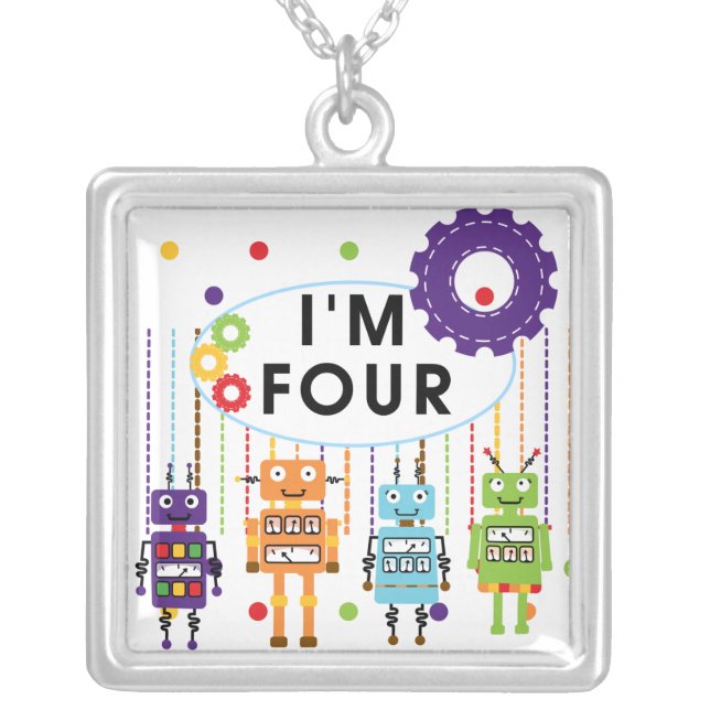 Robot 4th Birthday Tshirts and Gifts Silver Plated Necklace (Front)