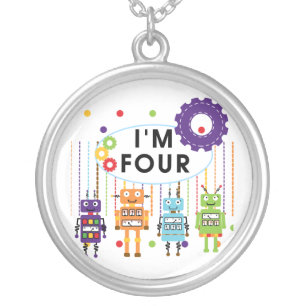Robot 4th Birthday Tshirts and Gifts Silver Plated Necklace