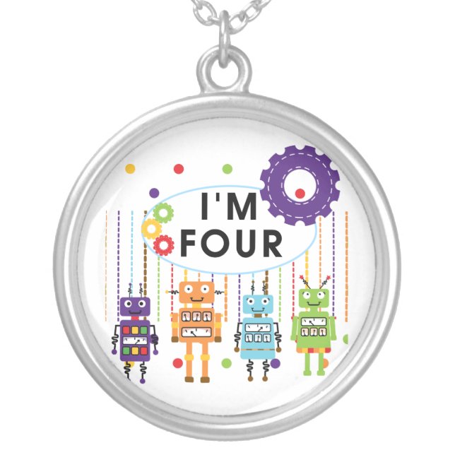 Robot 4th Birthday Tshirts and Gifts Silver Plated Necklace (Front)