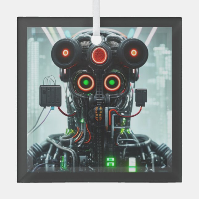 Robot 5 square glass ornament (Front)