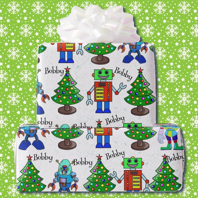 Robot Add Boy's Name Cute Christmas Roll Wrapping Paper (Creator Uploaded)