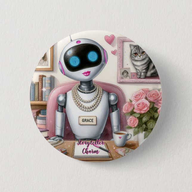 Robot AI Stoyteller Charm Loves Pink Lipstick  Button (Front)