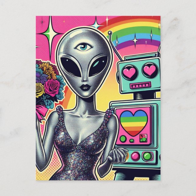 Robot and Alien in Love Postcard (Front)