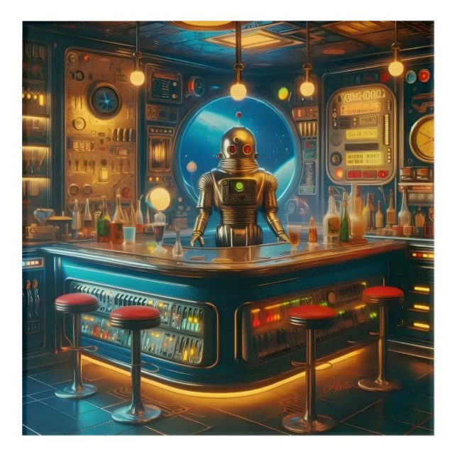 Robot Bartender in Interstellar Space Age Dive Bar Acrylic Print (Front)
