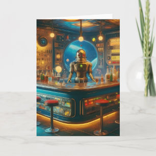 Robot Bartender in Interstellar Space Age Dive Bar Card