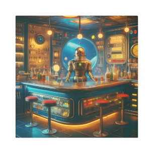 Robot Bartender in Interstellar Space Age Dive Bar Metal Print