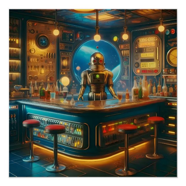 Robot Bartender in Interstellar Space Age Dive Bar Poster (Front)