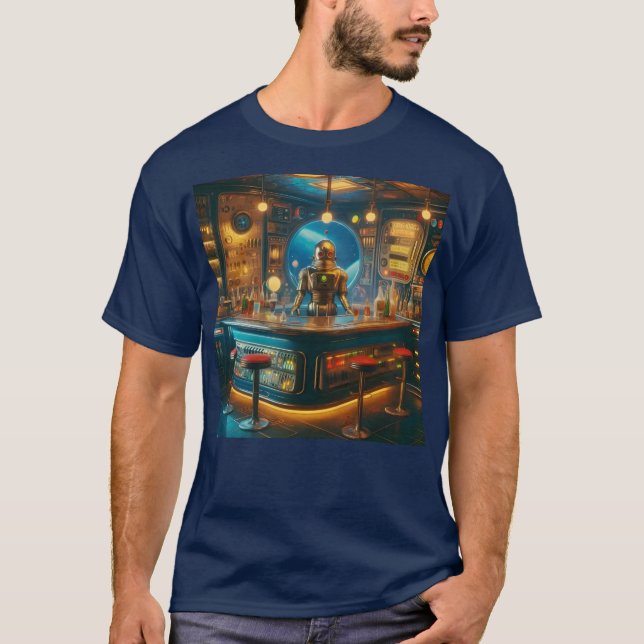Robot Bartender in Interstellar Space Age Dive Bar T-Shirt (Front)