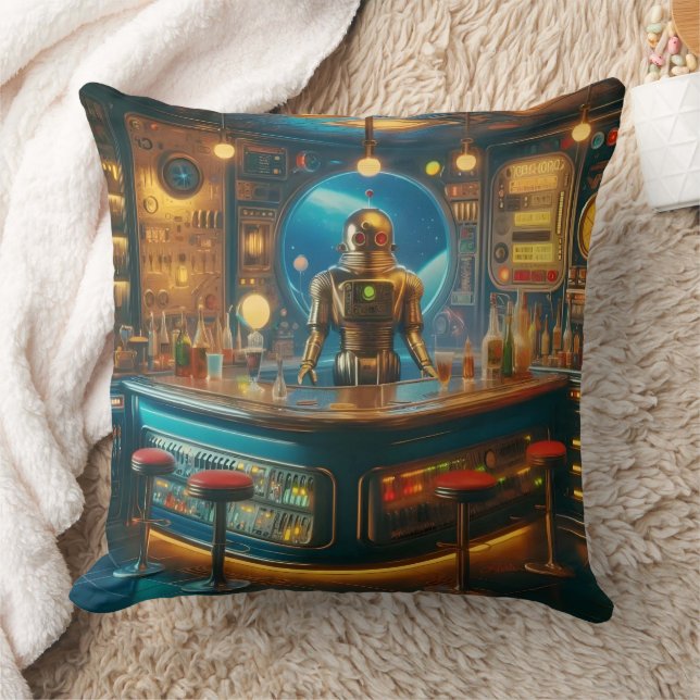 Robot Bartender in Interstellar Space Age Dive Bar Throw Pillow (Blanket)